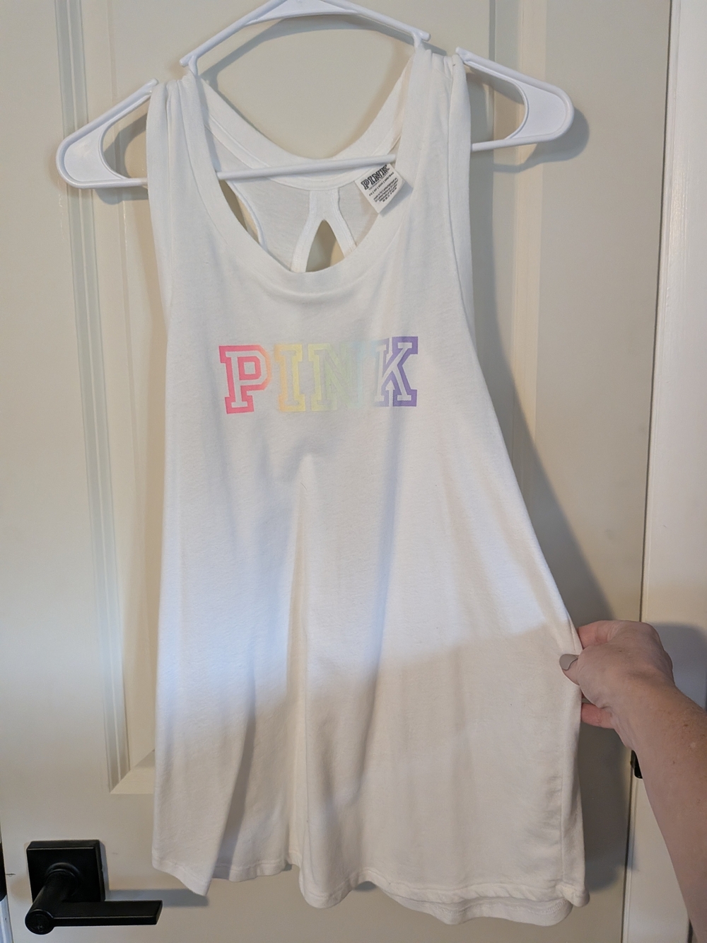 PINK Victoria's Secret White Tank with Pastel Rainbow Logo